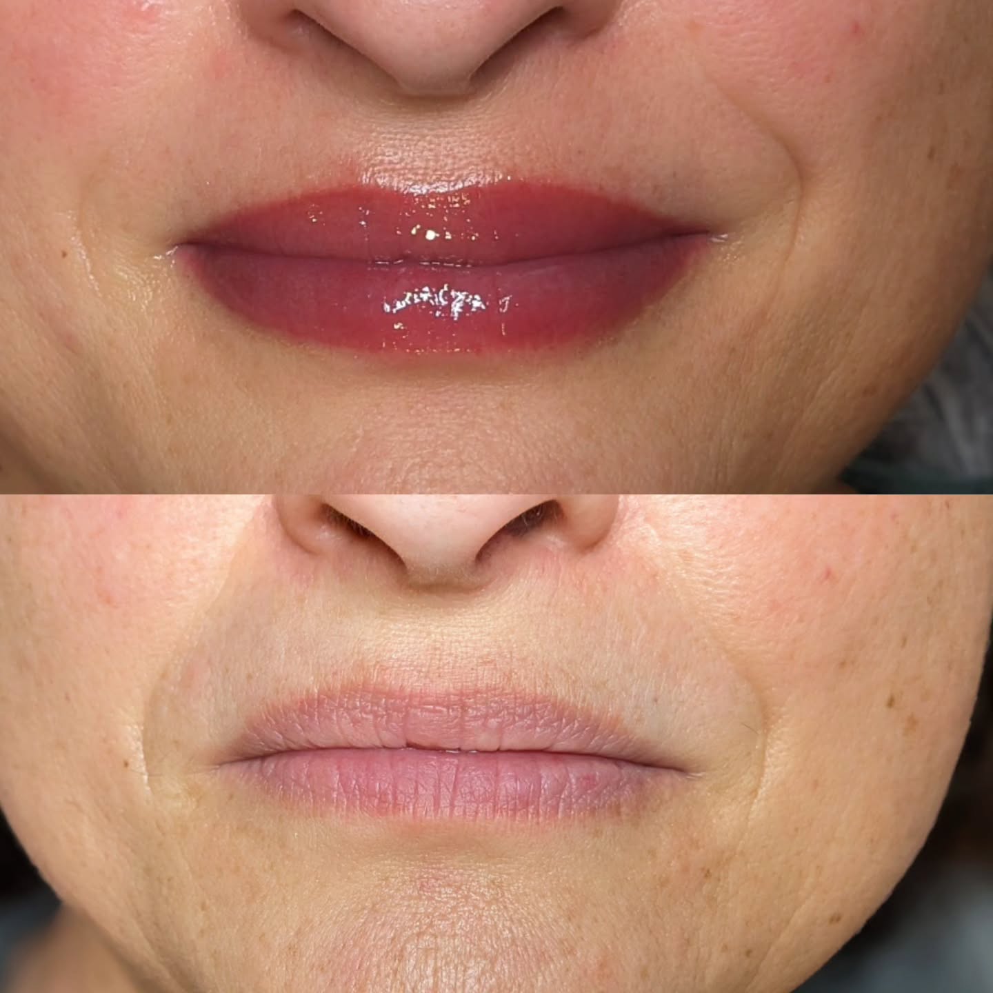 Vorher-und-nachher Vergleich der Lippen bei der Permanent Make-up Behandlung.