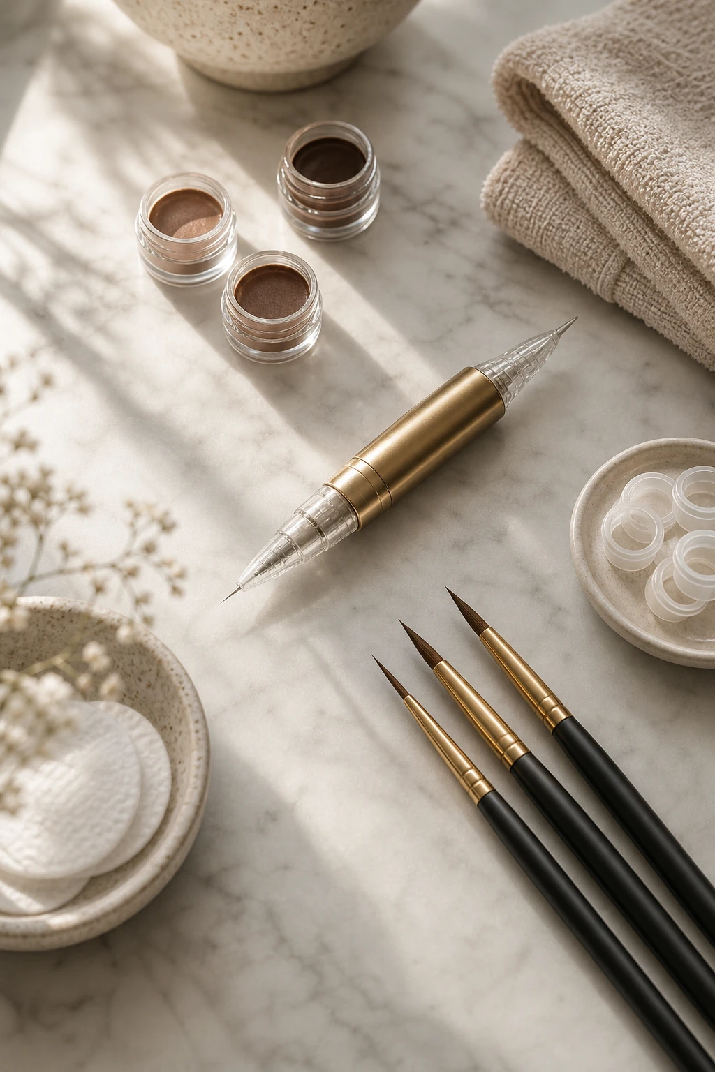 Stillleben mit feinen Permanent-Make-up-Werkzeugen, Pigmenten und Pinseln auf hellem Marmor.