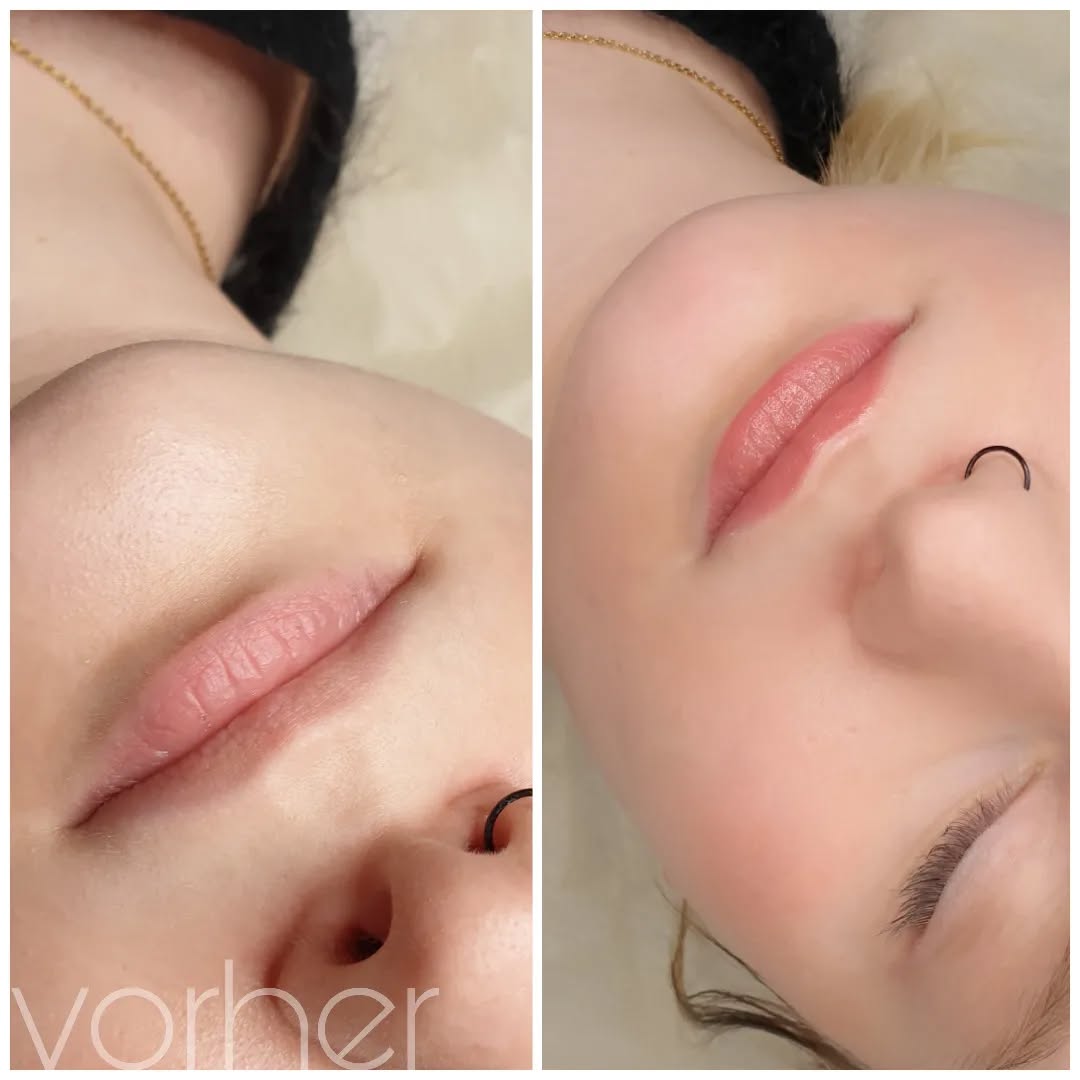 Vorher-und-nachher Vergleich der Lippen bei der Permanent Make-up Behandlung.